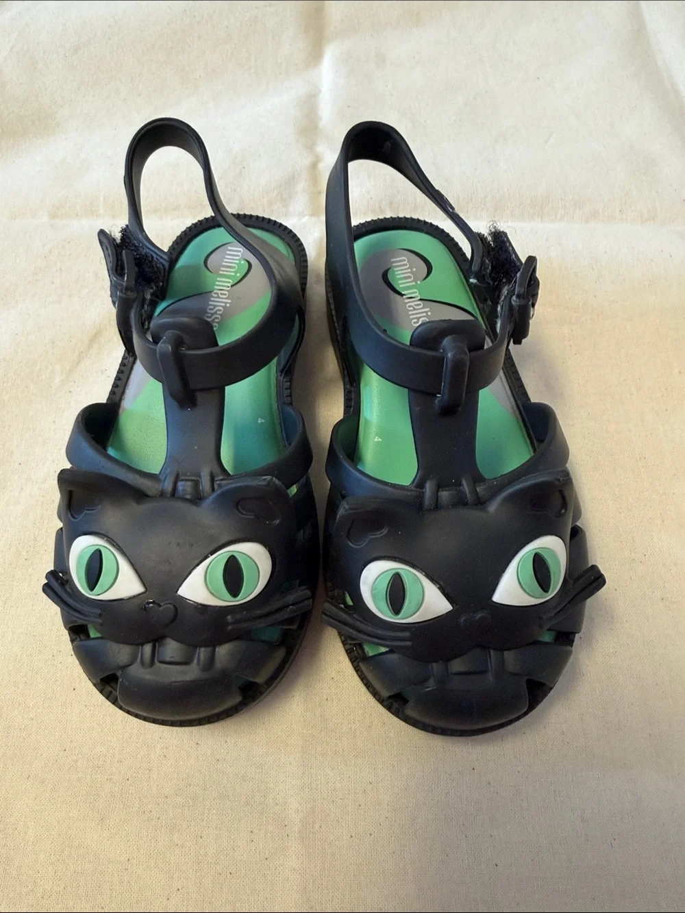 Mini Melissa Black Cat Jelly Sandals with Green Insole